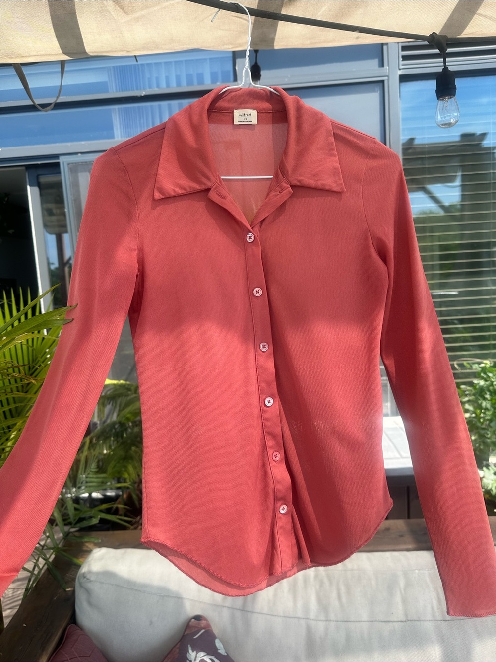 Wilfred Coral / salmon coloured Button Down Collared Blouse. Sheer with stretch